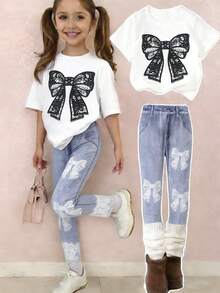 2 peças/Conjunto Menina Jovem Férias Casual Confortável Preto Laço Impressão de Malha Manga Curta Gola Redonda Camiseta Combinada com Calça Longa Impressão de Laço Bainha de Renda Branca, Adequado para Férias e Uso Diário - Branco - Visão 1