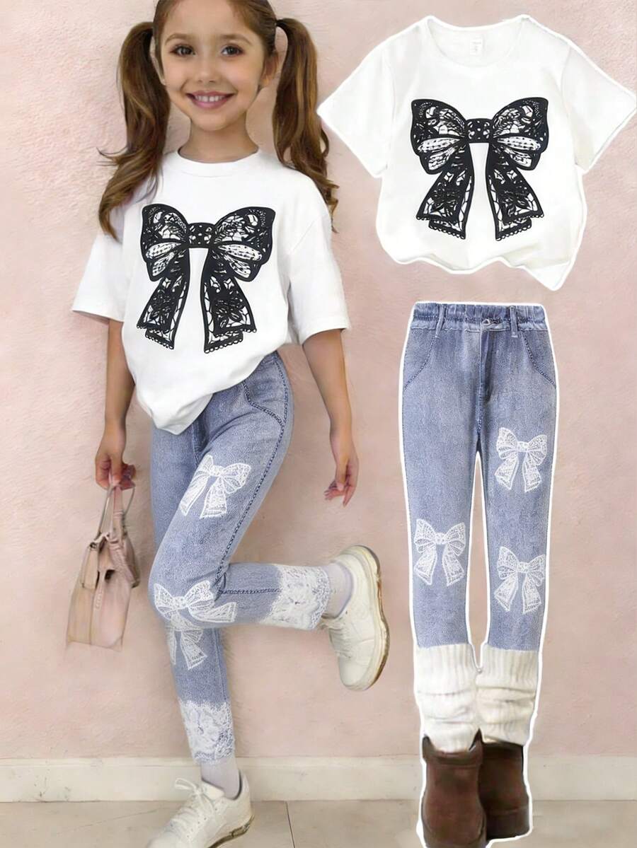 2 peças/Conjunto Menina Jovem Férias Casual Confortável Preto Laço Impressão de Malha Manga Curta Gola Redonda Camiseta Combinada com Calça Longa Impressão de Laço Bainha de Renda Branca, Adequado para Férias e Uso Diário - Branco - Visão 1