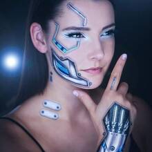 4 Sheets Waterproof Mechanical Arm Facial Stickers | Temporary Tattoos, Body Art Decoration, Suitable For Arms, Face, Legs, Ankles | Perfect For Birthday Parties, Festivals, Waterproof, Lasting For Thousands Of Years And Festivals - 彩色 - 查看 4