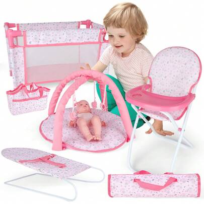 4-In-1 Baby Doll Pretend Play Set With Highchair, Bed, Cradle And Play Mat