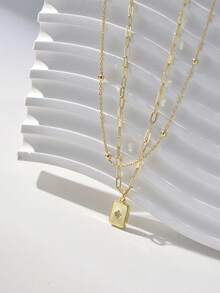 Set de 2 collares con colgante geométrico rectangular dorado con microincrustraciones de circonita y estallido de estrella, con cadena de cuentas y cadena de clip de papel para mujeres (cantidad aleatoria de cierres de cadena) (cantidad aleatoria de cuentas) - Amarillo Oro - Ver 6