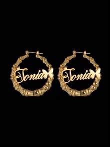 1 Pair Of 7cm Large Hoop Earrings, Customized Name, Text, Personalized Earrings, 18k Gold Fashion Jewelry Stainless Steel, Nameplate Bamboo Earrings - Gold Name Circle - Large Circle Earrings Thanksgiving Christmas - 2.76 Inch - View 19