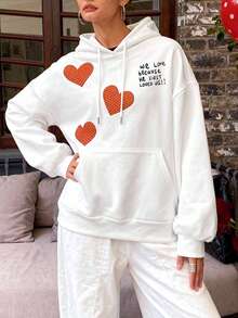 LOVE JOYY Women's Drawstring Hooded Sweatshirt With Pockets, Casual & Comfortable, Heart & Letter Graphic, Suitable For Spring Parties And Daily Outings, White Top - White - View 5