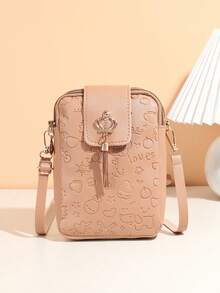 1 pieza Bolso vertical para teléfono con patrón en relieve lindo para niñas, bolso bandolera con colgante de borla con corona, regalo ideal - Multicolor - Ver 15