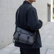 New Plaid Multi-Pocket One Shoulder Messenger Bag, Large Capacity Storage, Adjustable Strap, Men's Backpack - Black - View 6