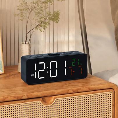 שעון דיגיטלי עם תצוגת טמפרטורה, תאריך ושעה לסלון - 4 רמות בהירות, 3 מצבי עוצמה, שעון מעורר קומפקטי הניתן לחיבור מתאים לחדר שינה, משרד