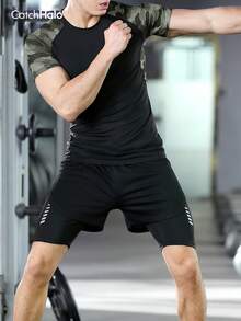 Men's Fitness Compression Shirt, Black Camouflage Sports T-Shirt, Elastic Breathable Quick-Dry, Suitable For Training, Running, Basketball And Daily Wear - 彩色 - 查看 6