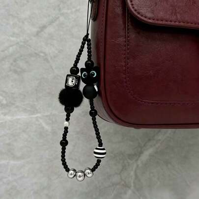 1pc Fashionable Black Phone Charm, Luxury Personalized Keychain Pendant, Bag Decoration