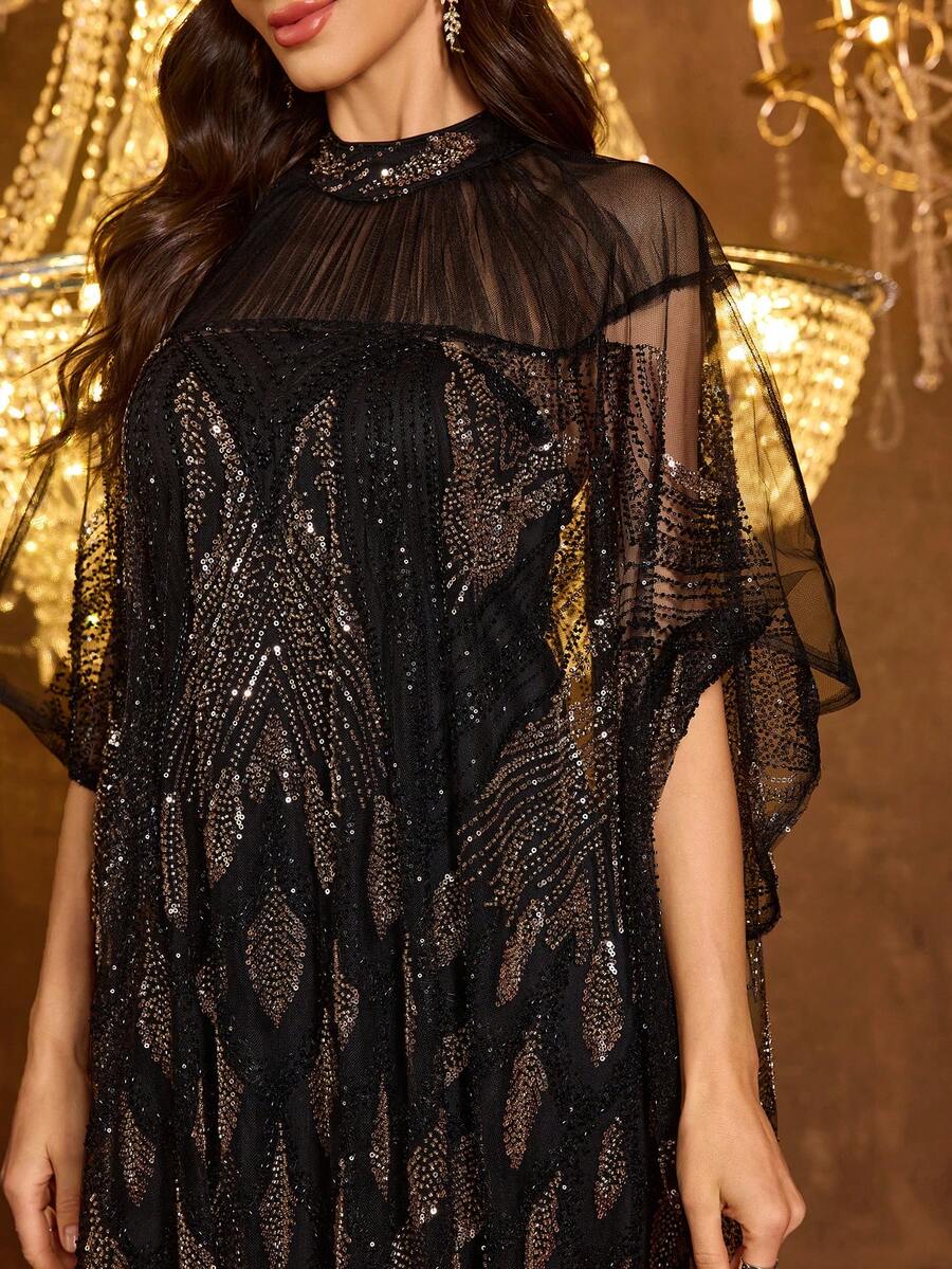 SUPGIR 女士立领长袖手工镶钻缎面晚礼服 - 黑色 - 查看 1