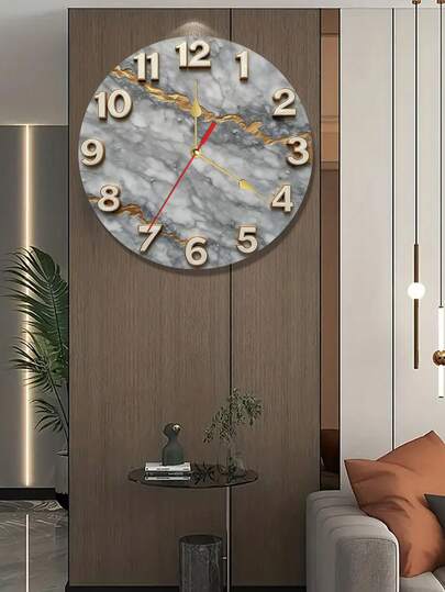 1pc Modern Marble Texture Wooden Wall Clock, Gold Hands, Silent Non-Ticking, Large Readable Numerals, Gold Accents On Marble Texture, Roman Numeral Dial, Suitable For Living Room, Bedroom, Office Decor, Luxury Minimalist Black & Gold Design, White & Gold Marble Texture, Black Hands