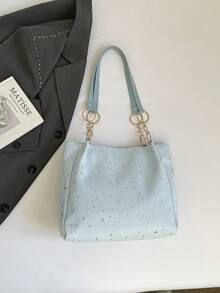 新款极简主义大容量女士单肩包，时尚休闲复古腋下包，小巧精致的通勤手提包，带吊坠 - 藍色 - 查看 11