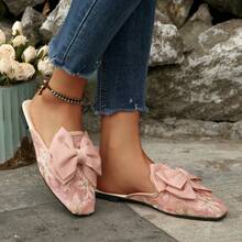 Women's New Mesh Bow Slip-On Mules, Flat Sandals, Slouchy Fairy Style Slippers - Pink - View 3