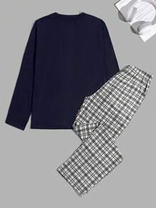 男士棉质宽松优质圆领长袖休闲套装（含上衣和裤子） - 藏蓝色 - 查看 1