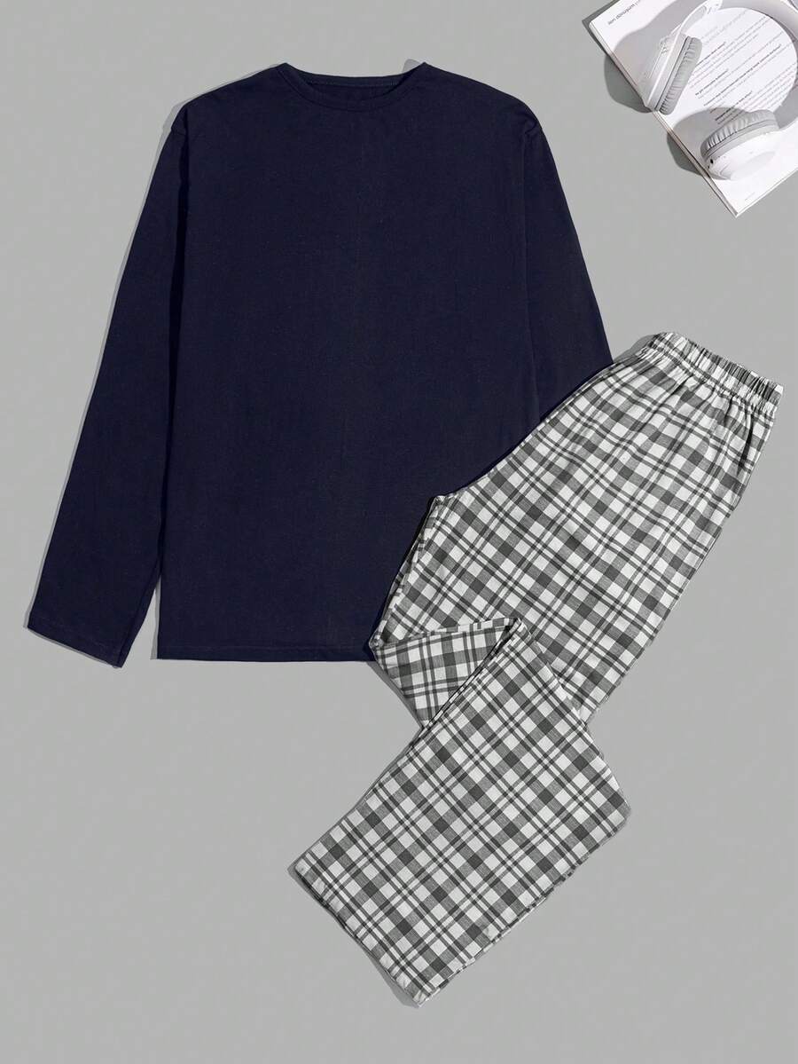 男士棉质宽松优质圆领长袖休闲套装（含上衣和裤子） - 藏蓝色 - 查看 1