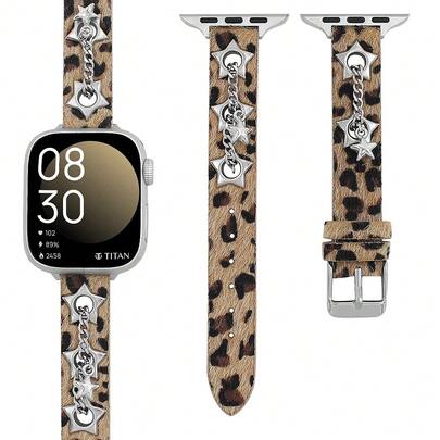 1 pieza Pulsera de cuero con estampado de leopardo, estrella y corazón en 3D - Ajustable, con broche plegable, compatible con 38mm a 49mm, diseño de moda, accesorio | Diseño inspirado en lo retro | Banda duradera