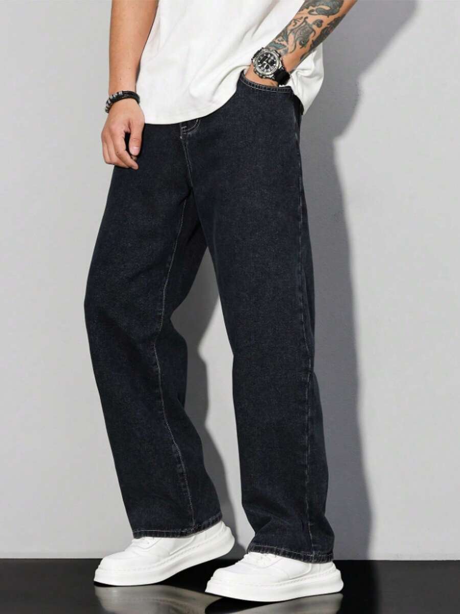 2026 New Men's Solid Color Black, Blue, Light Blue Straight Leg Jeans, Men's Loose Casual Jeans Pants, Fashionable, Versatile And Comfortable, Can Be Worn All Year Round - 黑色 - 查看 1