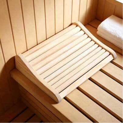 天然木质桑拿枕，符合人体工学设计，适用于桑拿房和户外使用。