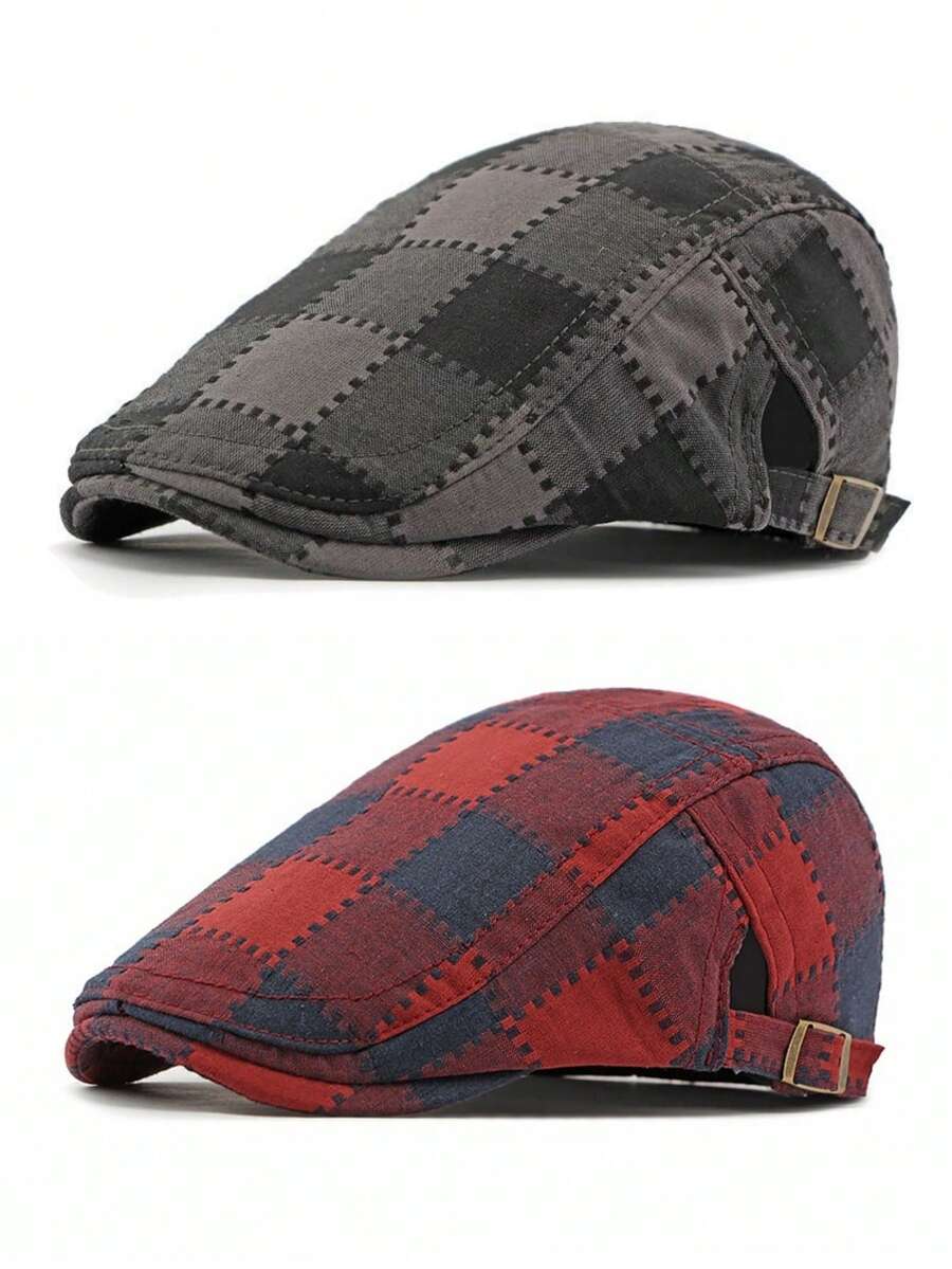 男女通用复古英伦风格子贝雷帽，新款春秋季户外防晒鸭舌帽 - 彩色 - 查看 1