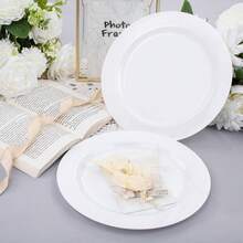 两件套白色圆形餐盘，包括一个7.5英寸的甜点盘和一个10.25英寸的餐盘，易于清洗且可重复使用，适用于婚礼、情人节、餐饮活动、派对、家庭聚会、高级餐厅、主题餐厅或家庭晚餐。 - 白色 - 查看 4