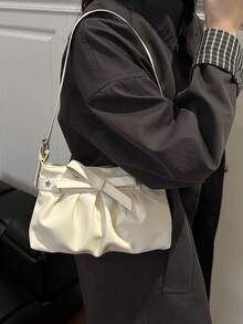 新款秋冬时尚百搭个性化褶皱蝴蝶结装饰女士手提包，优雅甜美风格，适合购物、作为钱包使用，也适合年轻女性、大学生、新婚夫妇、白领人士等。是办公室、学校、工作、商务、通勤、户外活动、旅行、郊游等各种场合的理想之选。 - 白色 - 查看 7