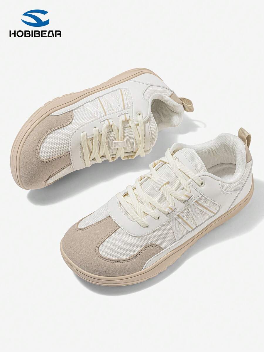 HOBIBEAR Men's Wide Fit Soft Bottom Shoes, Patchwork Round Toe Lace-Up Flat Shoes, Minimalist Retro Style Unisex Casual Sneakers, Breathable Mesh, All Season - Khaki - View 1