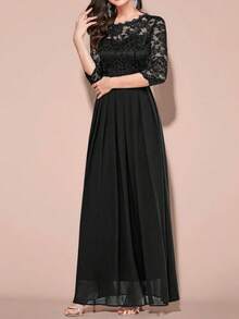 Vestido elegante de encaje floral para mujer,Vestido de fiesta de manga larga de chiffon de cuello redondo,Vestidos de mujer - Negro mate - Ver 5