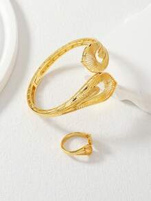 2pcs Gold-Plated Hollow Bangle & Ring Set, Middle Eastern Style Jewelry Suit, Suitable For Daily Stacking Or Eid Gift - Yellow Gold - View 5
