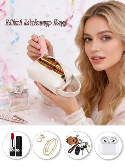 1个迷你手持口红包，纯色PU皮革奶油色，防水口红收纳袋，多功能便携防尘防刮整理袋，可收纳珠宝、耳机、钥匙、硬币等物品