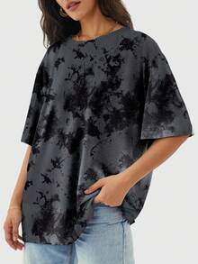 Camiseta de mujer de manga corta con cuello redondo en degradado, top casual de corte holgado, para primavera/verano y deportes - Negro - Ver 2