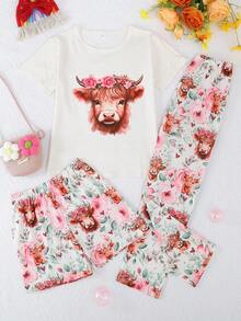3 peças/Conjunto Pijama Casual e Fofo de Meninas com Estampa de Vaca das Terras Altas e Floral, Top de Manga Curta Gola Redonda, Shorts e Calça, Retardante de Chamas, Todas as Estações - Multicolorido - Visão 1