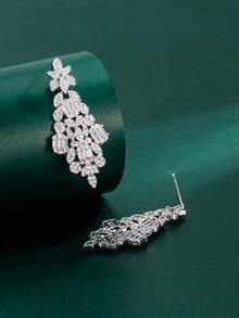 一对奢华女士立方氧化锆耳环，优雅珠宝礼品，适合约会、婚礼、派对、周年纪念日佩戴 - 銀色 - 查看 3