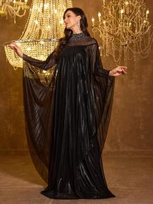 SUPGIR 女士立领串珠亮片拼接薄纱修身晚礼服 - 黑色 - 查看 6