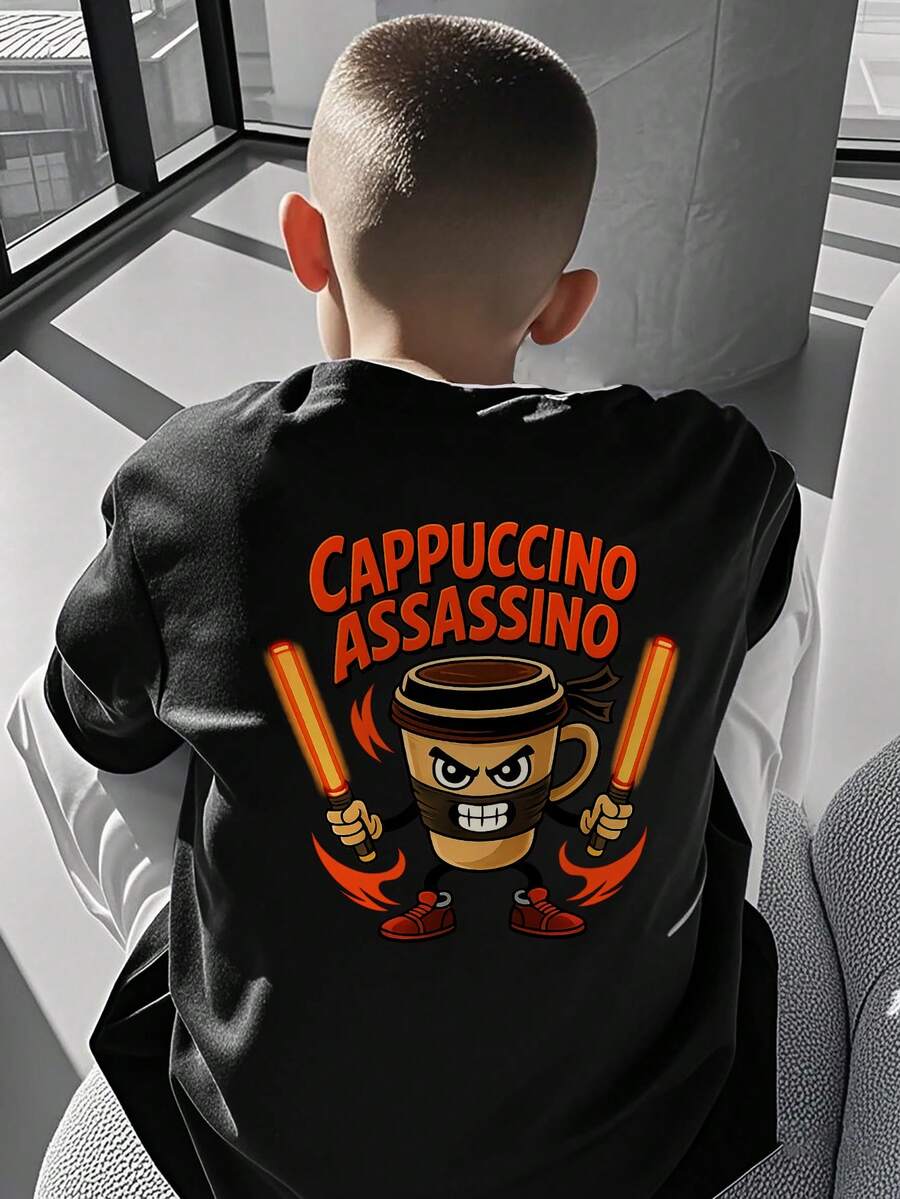 Boys & Teens Casual Printed Crew Neck Short Sleeve T-Shirt, Summer Top - Black - View 1