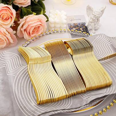 150/75/50/25/12/3pcs Gold Cutlery Set, Includes Knives, Forks, Spoons, Suitable For Halloween, Christmas, Thanksgiving, Weddings, Formal Dinners, Birthdays, Graduations, Anniversaries, Festivals, Picnics, Catering Events And All Occasions! Enjoy Your Event Without Worrying About Post-Party Mess.