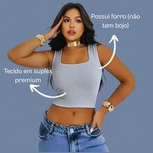 Kit 2 cropped alça grossa decote quadrado com forro suplex premium - AMARELO CLARO E ROXO - Visão 3