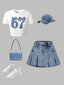 Youth Girl Cartoon Print Short Sleeve Top And Denim Skirt Set - White - View 2