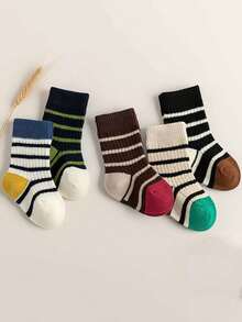 5 Pairs Kids/Youth Striped Crew Socks, Cute School Style, Suitable For All Seasons - Multicolor - View 1