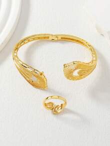 2pcs Gold-Plated Hollow Bangle & Ring Set, Middle Eastern Style Jewelry Suit, Suitable For Daily Stacking Or Eid Gift - Yellow Gold - View 2