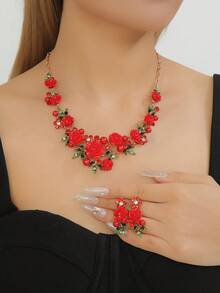 Elegant Pink & Purple Acrylic Flower, Leaf, Rhinestone & Pearl Necklace Earrings Set, Charming Choker Necklace For Party, Wedding, Holiday Wear - Flowers - View 8