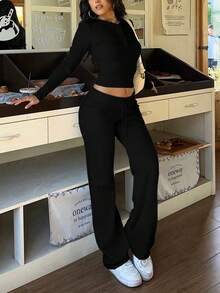 Women's Solid Color Casual Minimalist Commuter Street Style Set, Long Sleeve Top And Pants Black Spring - Black - View 3