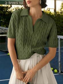 Women's Soft V Neck Short Sleeve Knit Sweater Solid Lapel Knit Casual Pullover Tops - 黑色 - 查看 1