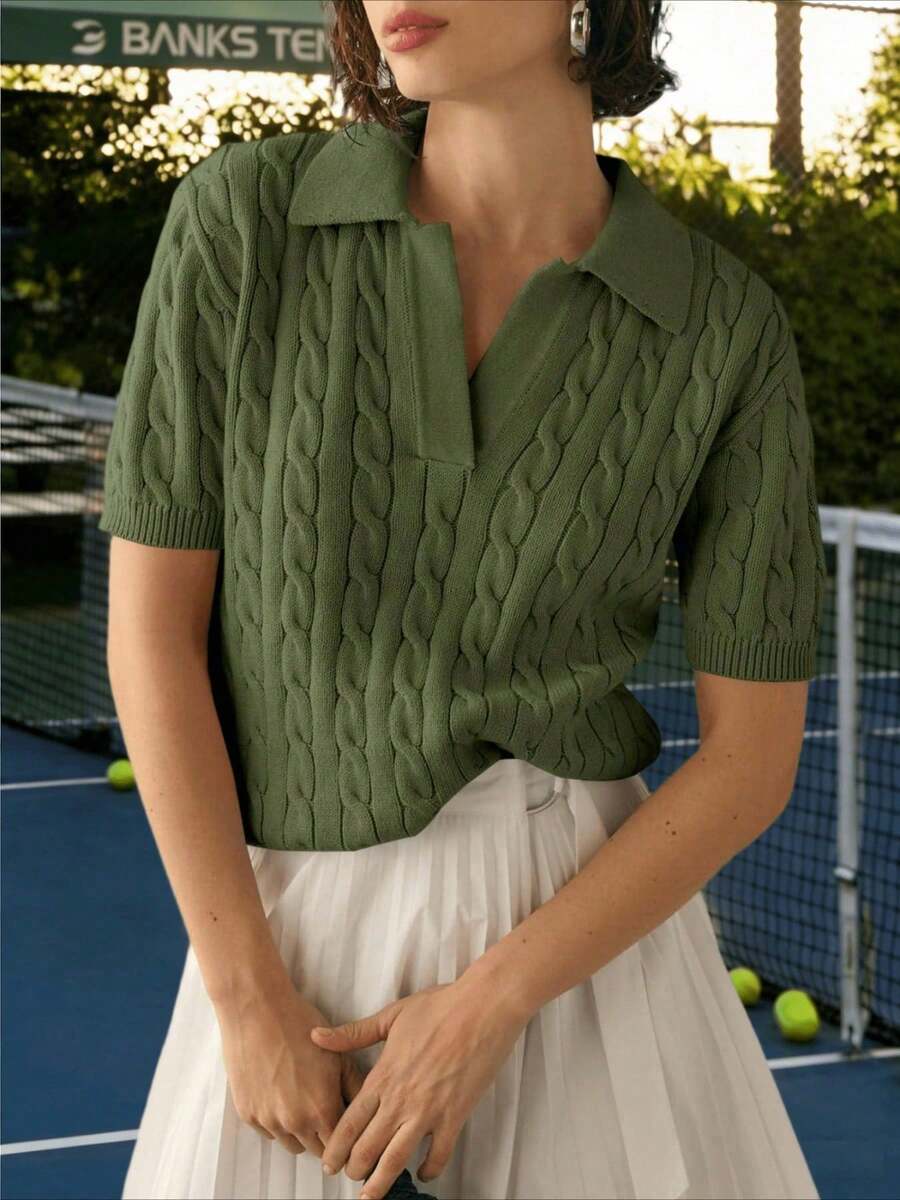 Women's Soft V Neck Short Sleeve Knit Sweater Solid Lapel Knit Casual Pullover Tops - 黑色 - 查看 1