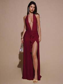 Valentine Outfits For WomenBAE Sexy Minimalist Solid Yellow Cream Deep V-Neck Halter Bodycon Ruched Fitted Women's Maxi Mesh Dress, Suitable For Party, Cocktail, Formal Occasions, Bridesmaid, Birthday, Business Casual, Elegant Women Maxi Dress,Valentine's Day,Valentine Fits For WomenLoose And Comfortablevalentine's Day - 酒紅色 - 查看 12