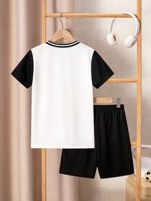 Bộ đồ thể thao thường ngày 2 món cho bé trai, áo thun cổ tròn phối màu tương phản và quần short trơn màu thoải mái, đa năng cho đi học, mặc hàng ngày và khởi động thể thao. - trắng - Xem 2