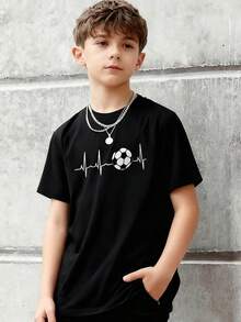 男童及青少年休闲印花圆领短袖T恤，夏季上衣 - 黑色 - 查看 1