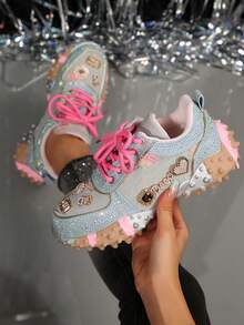 2026新款女士闪亮水钻运动鞋，透气休闲厚底鞋，时尚百搭厚底派对鞋 - 粉色 - 查看 2