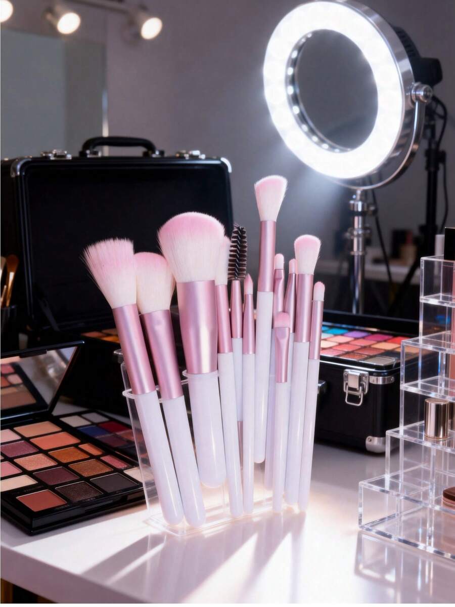 12pcs Makeup Brush Set, Soft & Fluffy, Professional Foundation, Powder, Eyeshadow Blending Makeup Brushes, Beauty Tools, Gift For Beginners, Brown, Makeup Brushes With Soft Fibers, Portable For Travel, Vacation, Beach, Gift For Women And Girls - Pink - View 1