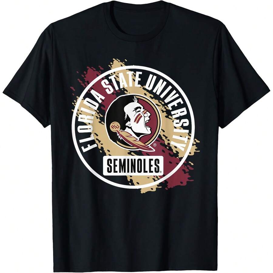 Florida State Seminoles Retro Paint Black Licensed T-Shirt All Seasons,220g Pure Cotton Single-Sided Printed Crew Neck Short-Sleeved T-Shirt,Unisex Top,Base Layer - Màu 10 - Xem 1