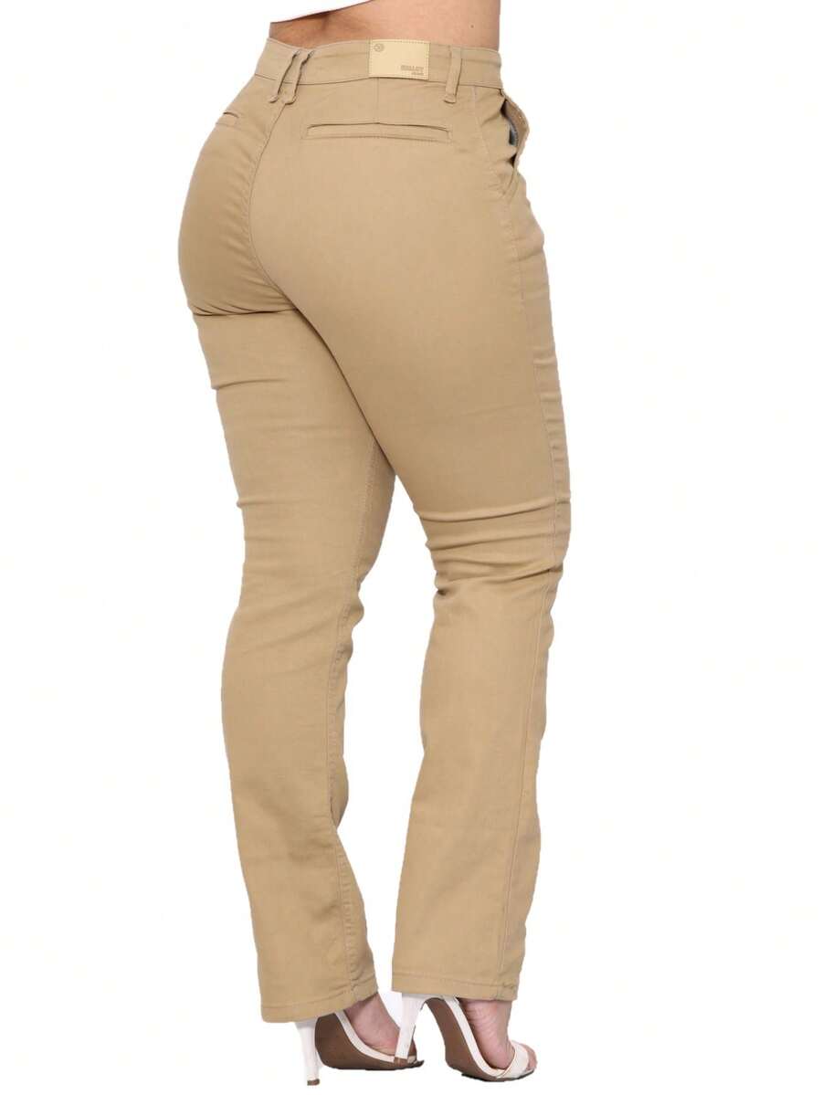 Women's Straight Leg Trousers In Satin Twill, Tailored Style, Malloy Style - Khaki - View 1