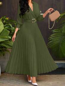 Elegant Waisted Solid Color Pleated Dress With Belt, Lady-Like Design, Spring/Summer - 橄欖綠 - 查看 3